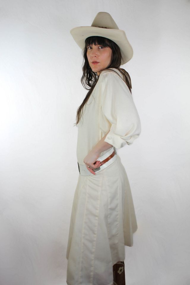 1950s Handmade Vintage Linen Pleated Ivory Midi Dress Selected By Moons + Junes Vintage #1