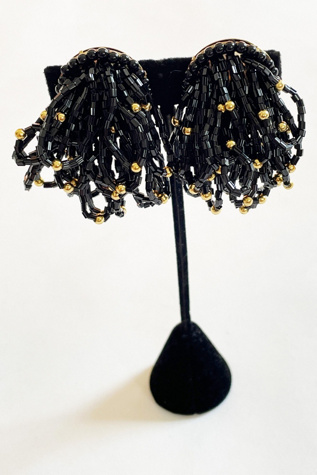 Vintage Black and Gold Cluster Dangle Bead Clip Earrings Selected by FernMercantile