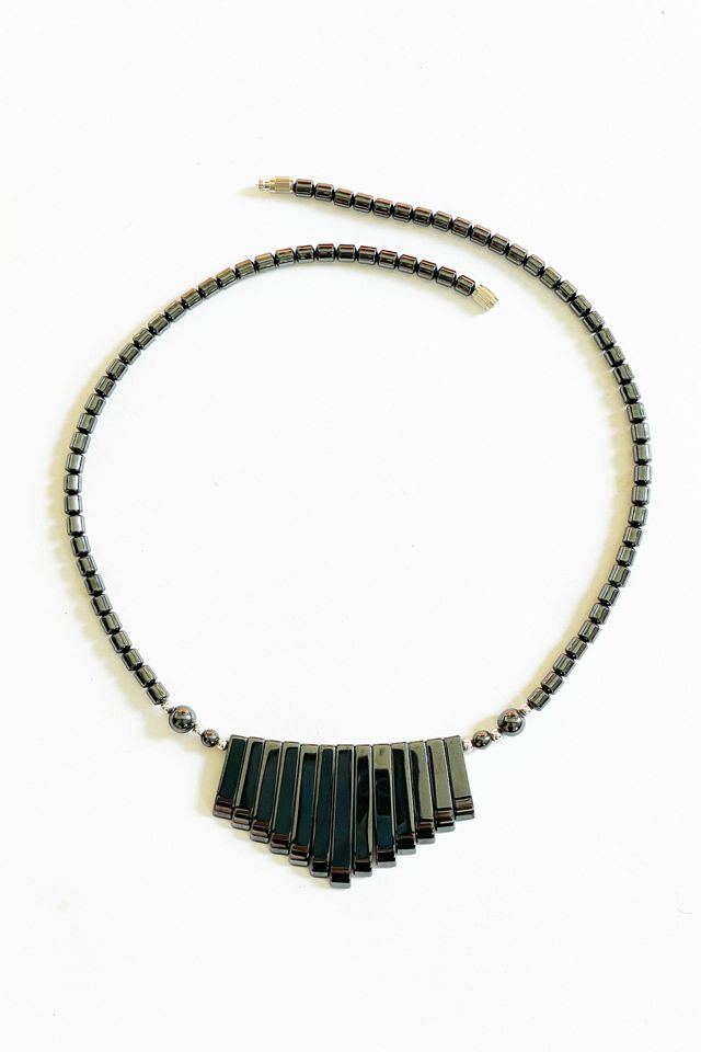 Vintage 1980's Hematite Stone Graduated Fringe and Silver Choker Necklace Selected by FernMercantile #2