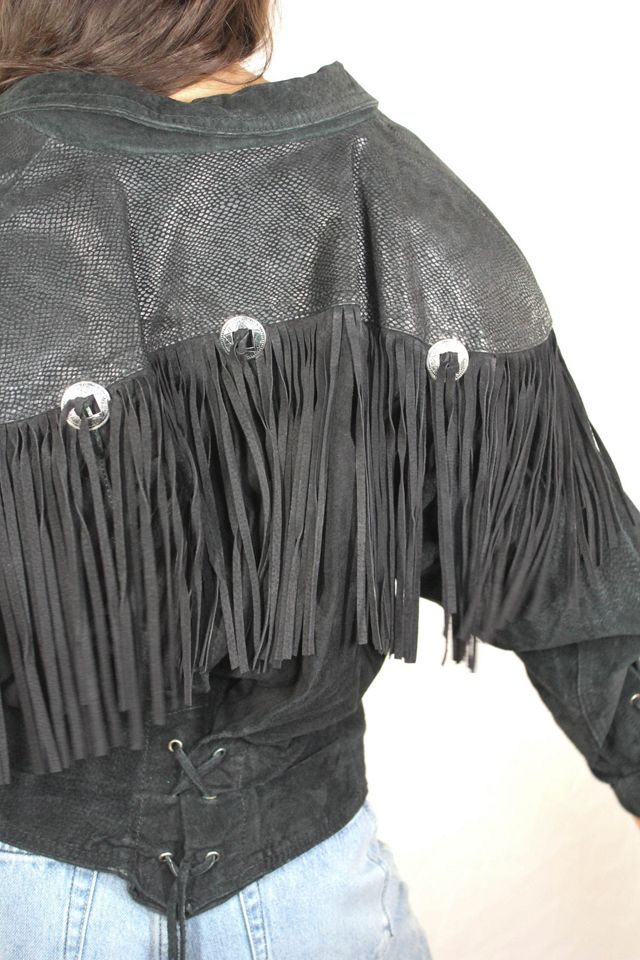 1980s Black Western Fringe Snake Print Leather Jacket Selected By Moons + Junes Vintage #1
