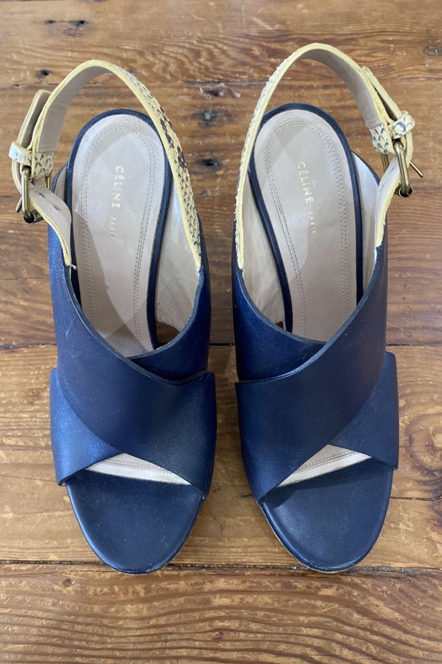 Navy shop leather wedges