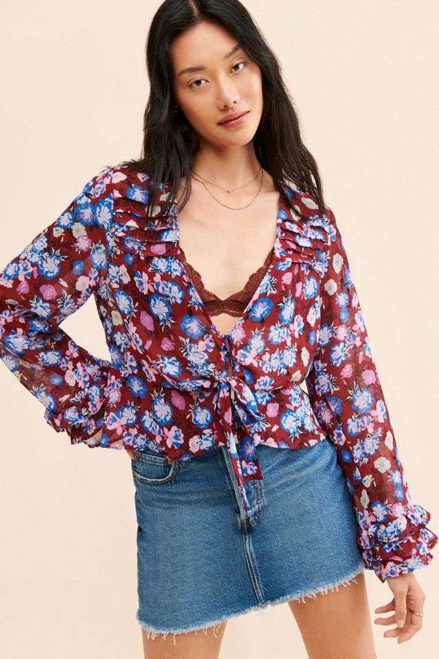 Free People Run Free Floral Print Long Sleeve Blouse Size Small bust Tie