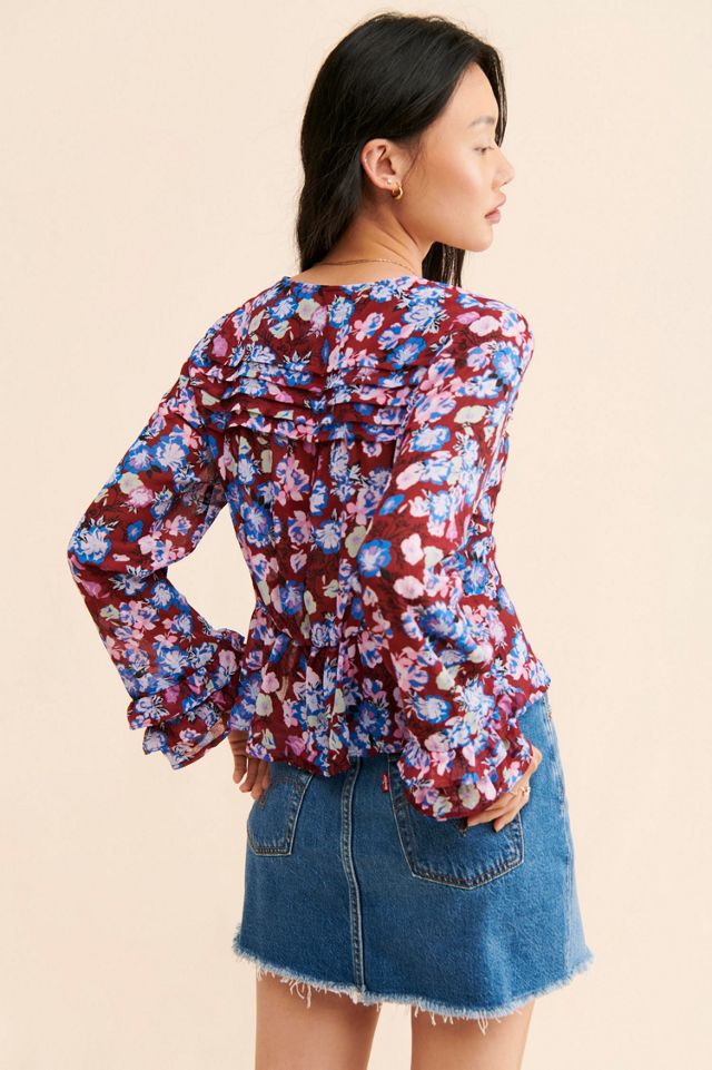 Free People Run Free Floral Print Long Sleeve Blouse Size Small bust Tie