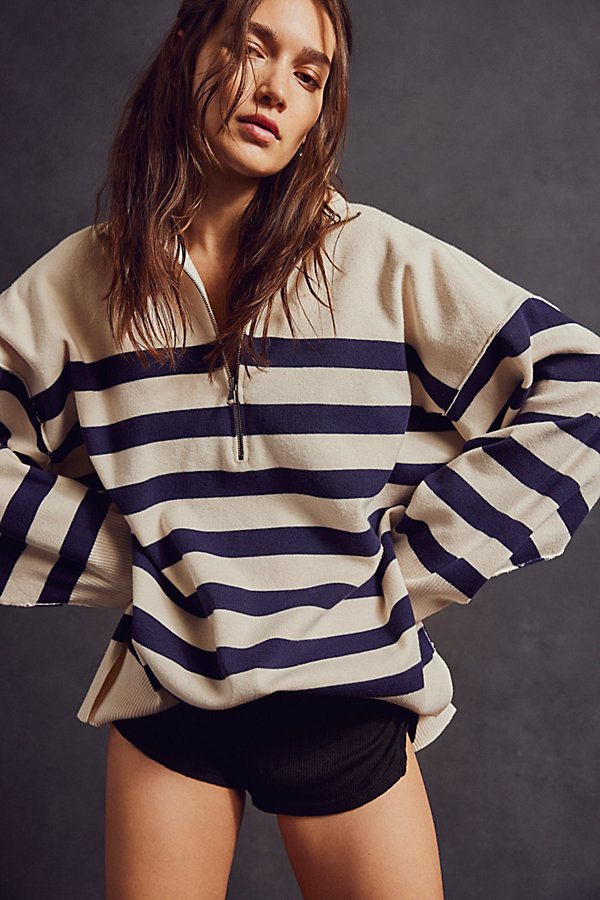 Free People Coastal Stripe Pullover In Champagne Navy Combo