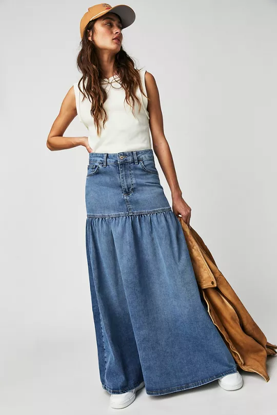 Come As You Are long flared denim skirt, Free People, Women's Denim Skirts, Summer