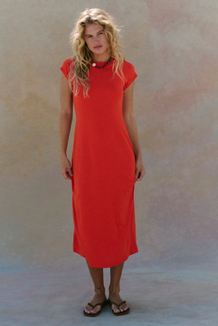Good Feels Slim Crew Neck Jersey T-Shirt Midi Dress by free-est at Free People in Orange, Size: XL - Crew Neck