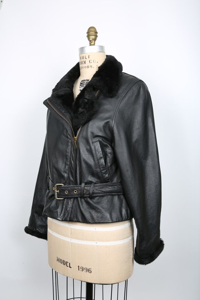 Vintage Jacket Black Leather Faux Fur Trim Selected by Love Rocks 