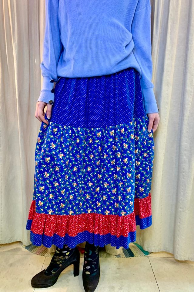 Vintage Blue Patchwork Print Ruffled Skirt Selected by Nomad Vintage #1