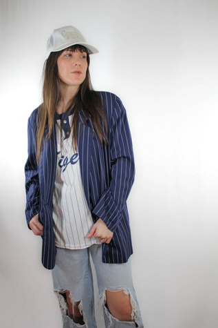 1980s Navy Blue Pinstripe Oversized Blazer Selected By Moons + Junes Vintage