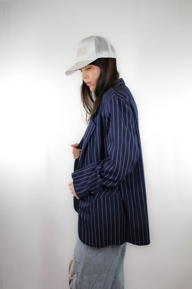 1980s Navy Blue Pinstripe Oversized Blazer Selected By Moons + Junes Vintage #1