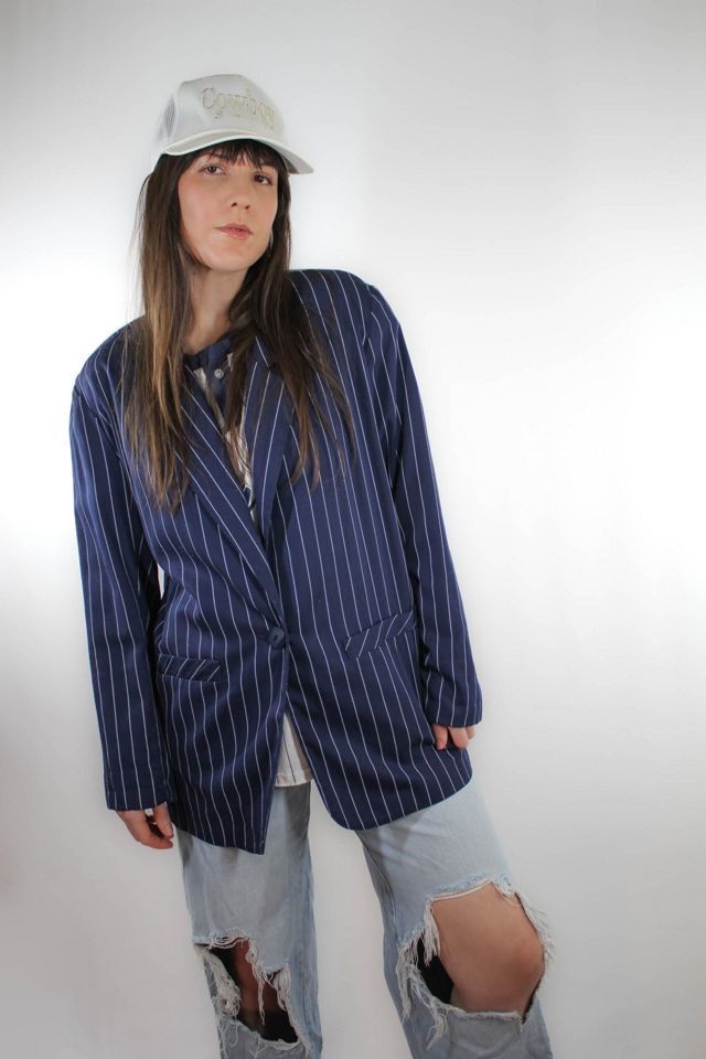 1980s Navy Blue Pinstripe Oversized Blazer Selected By Moons + Junes Vintage #2