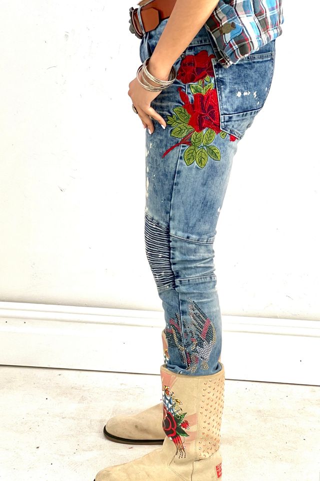 Biker jeans clearance with roses