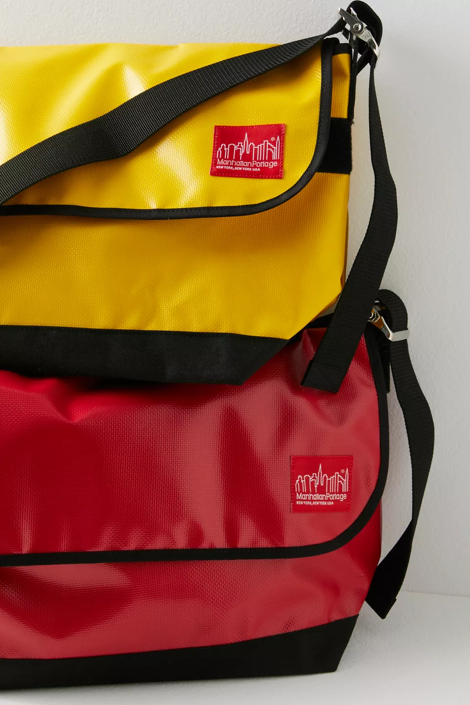 Yellow and red Manhattan Portage vinyl vintage messenger bags