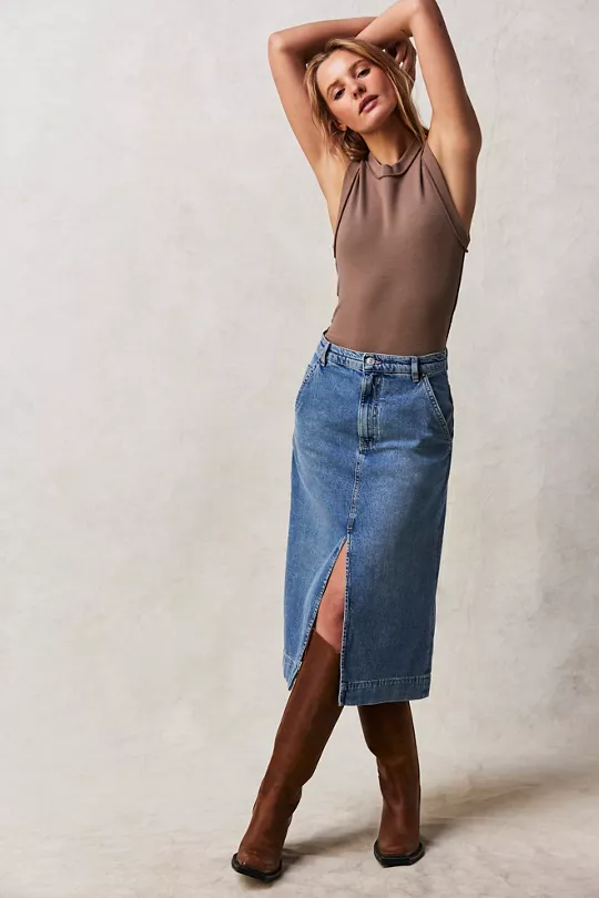 We The Free Wild Roses Denim Midi Skirt