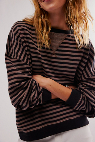 Classic Striped Oversized Crewneck at Free People in Dusk Combo, Size: Large