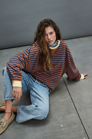 Classic Striped Oversized Crewneck at Free People in Clay Combo, Size: Large