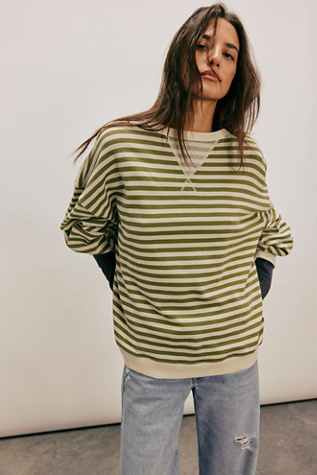 Classic Striped Oversized Crewneck By We The Free At Free People In Woodland Combo, Size: Medium