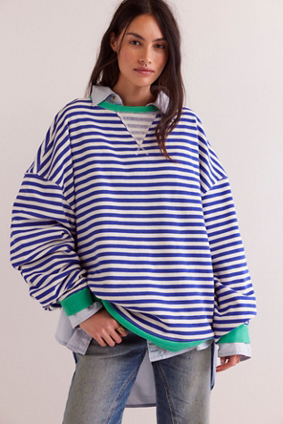 Classic Striped Oversized Crewneck By We The Free At Free People In Sand Dollar Combo, Size: XS