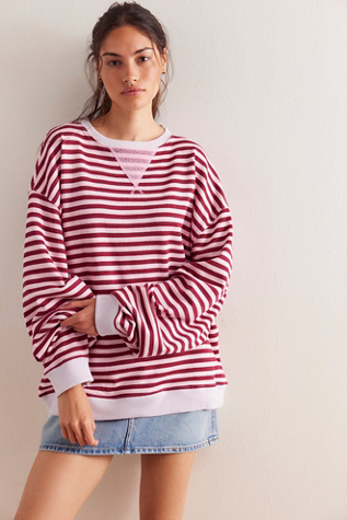 Classic Striped Oversized Crewneck At Free People In Raspberry Combo, Size: Large