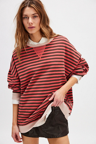 Classic Striped Oversized Crewneck By We The Free At Free People In Coral Combo, Size: Medium