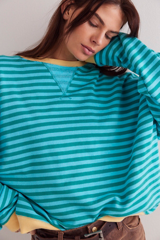 Classic Striped Oversized Crewneck By We The Free At Free People In Seaglass Combo, Size: Medium