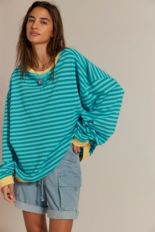 Classic Striped Oversized Crewneck by We The Free at Free People in Blue, Size: S