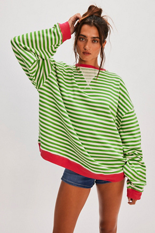 Classic Striped Oversized Crewneck at Free People in Pink Clover Combo, Size: XS