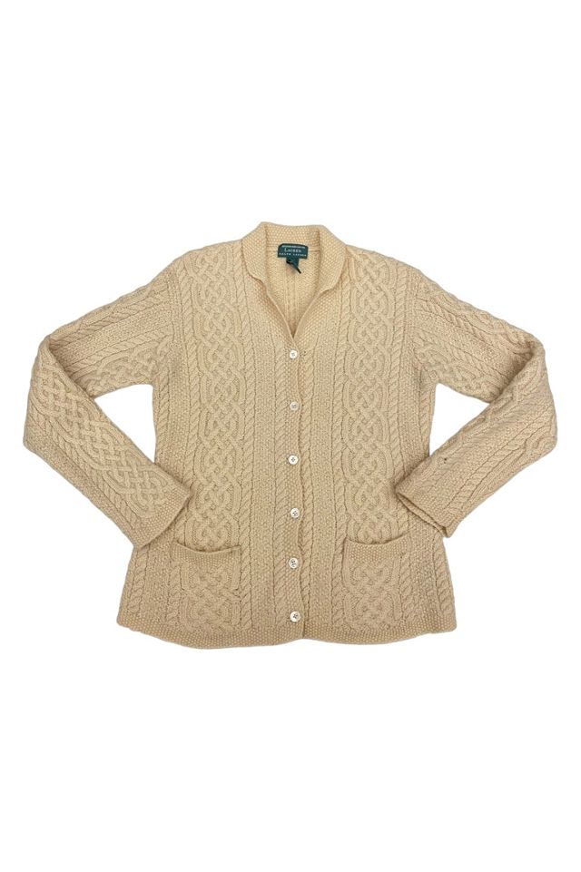 1990s Vintage Ralph Lauren Cable Knit Wool Cardigan Sweater 