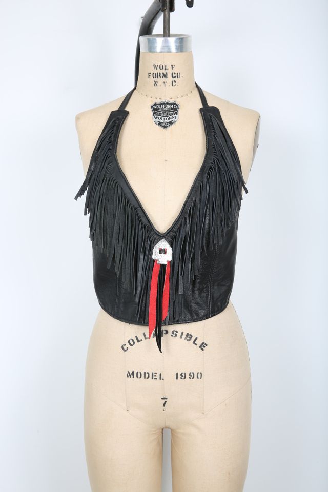 1980s Vintage Red Leather Lace Up Fringe Halter Top, 57% OFF