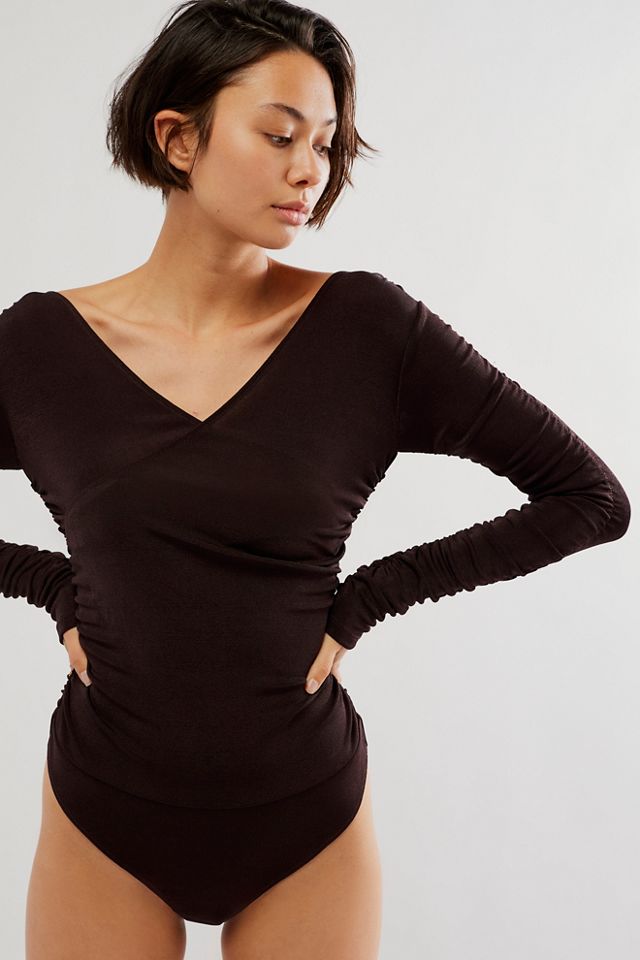 Free People Close Call Duo Bodysuit Black Long Sleeve V Neck XS NWT $58