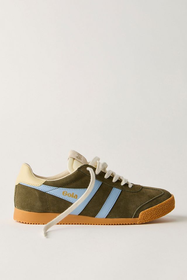 elan tobacco and white color block suede leather sneakers Gola Classics | Women's Sneaker | they feature textile linings and insoles for a cosy feel with every step Gola Classics | Women's Elan