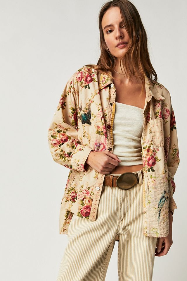 Oversized Linen-Cotton Floral Shirt