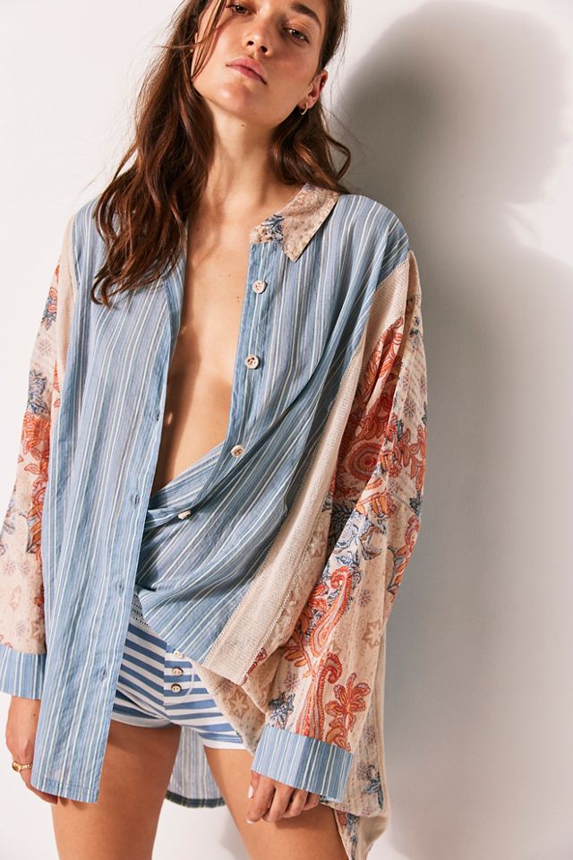 Mixed Print Floral Button Down Shirt, silk