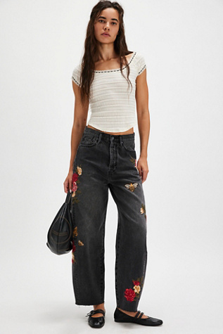 Driftwood Parker Embroidered Jeans At Free People In Washed Black, Size: 28