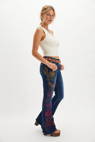 Driftwood Wyatt Embroidered Flare Jeans at Free People in Dark Wash, Size: 28