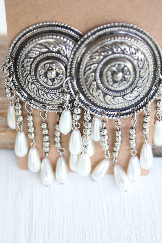 Vintage Pearl Fringe Silver Western Medallion Earrings Selected By Moons + Junes Vintage #1