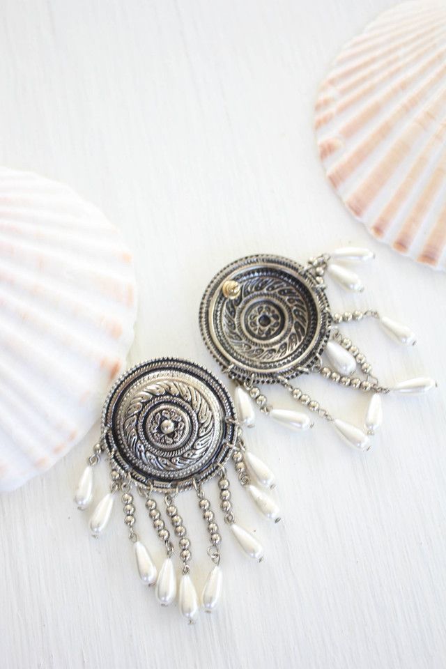 Vintage Pearl Fringe Silver Western Medallion Earrings Selected By Moons + Junes Vintage #2