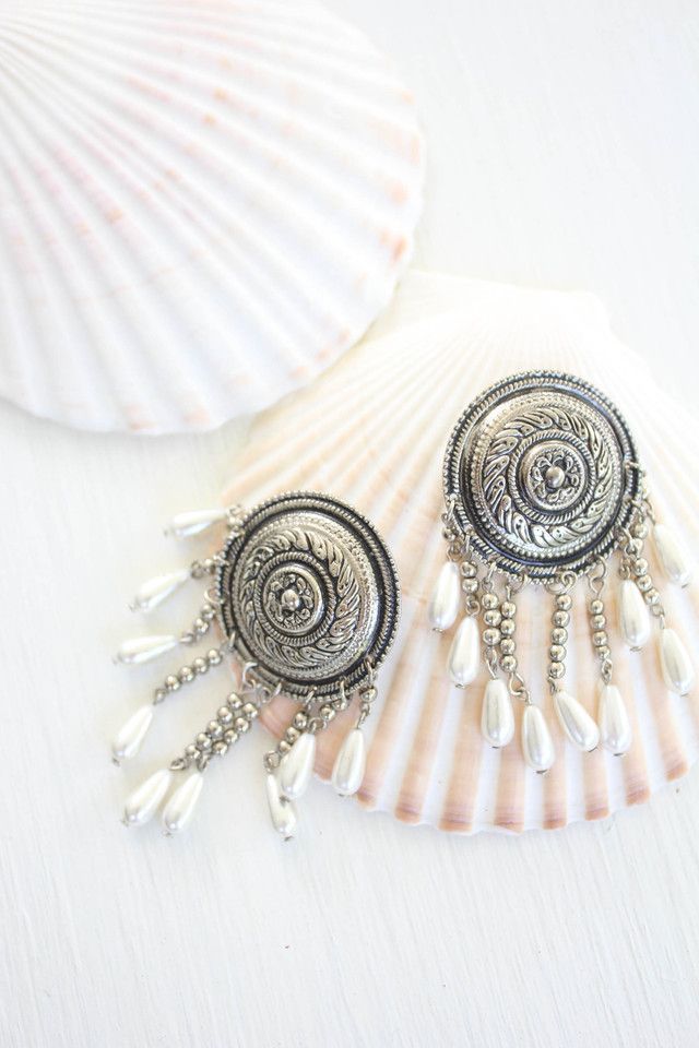 Vintage Pearl Fringe Silver Western Medallion Earrings Selected By Moons + Junes Vintage #3