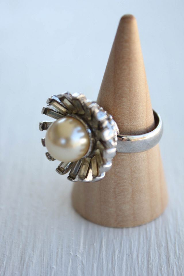 Vintage Pearl Rhinestone Flower Art Deco Ring Selected By Moons + Junes Vintage #3