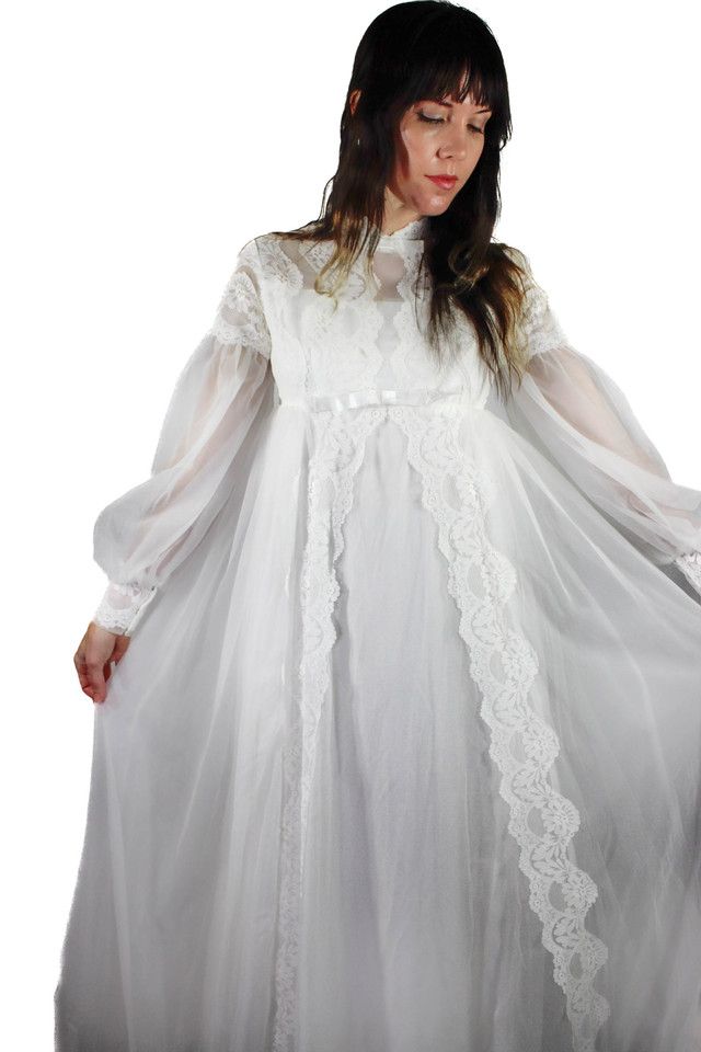 1960s White Chiffon Lace Bridal Gown Selected By Moons + Junes Vintage #3