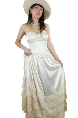 1930s Champagne Satin Lace Long Train Wedding Gown Selected By Moons + Junes Vintage