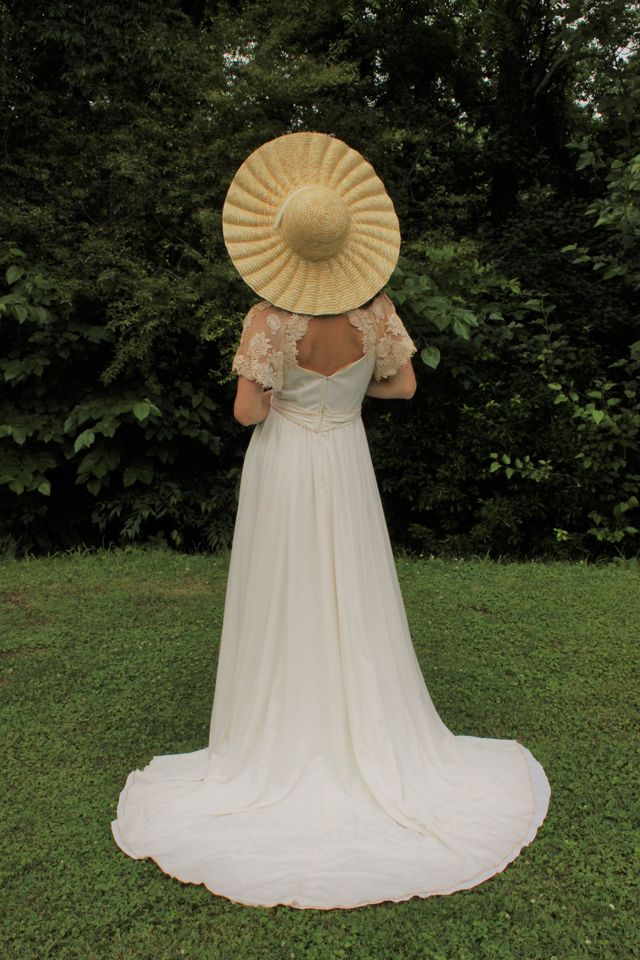 1930s Champagne Satin Lace Long Train Wedding Gown Selected By Moons + Junes Vintage #1