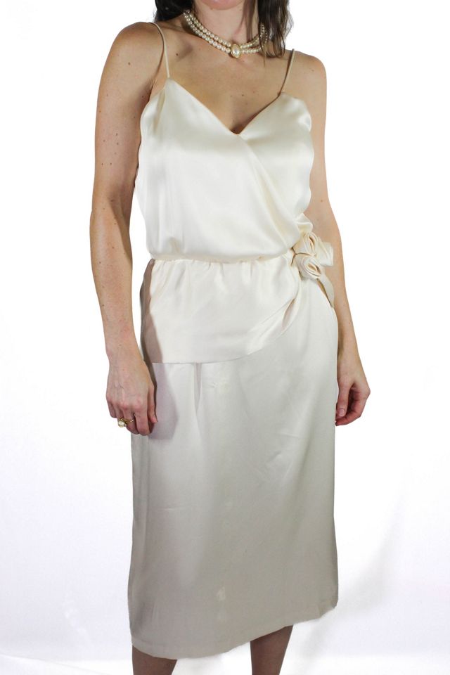 1970s Satin Ivory Rose Evening Gown Selected By Moons + Junes Vintage #1