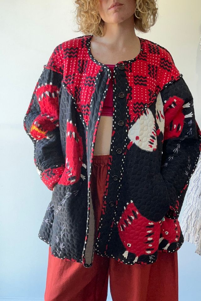 Jeanne Marc Black and Red Graphic Bird Print Quilted Jacket Selected by The  Curatorial Dept.