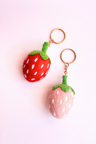 Golden Hour Designs Felt Strawberry Keychain at Free People in Pink