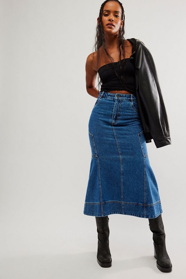 Denim midi skirt flared sale