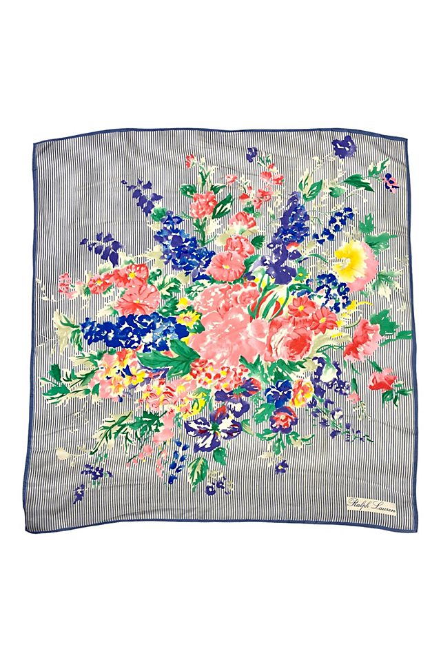 1980s Vintage Ralph Lauren Striped Floral Silk Scarf 1980s Vintage Ralph Lauren Striped Floral Silk Scarf