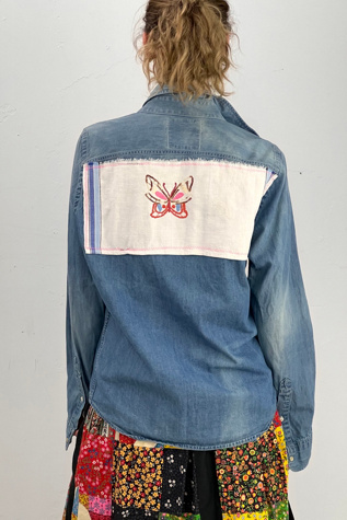 Anna Corinna Reworked Vintage Butterfly Embroidered Pearly Snap Up