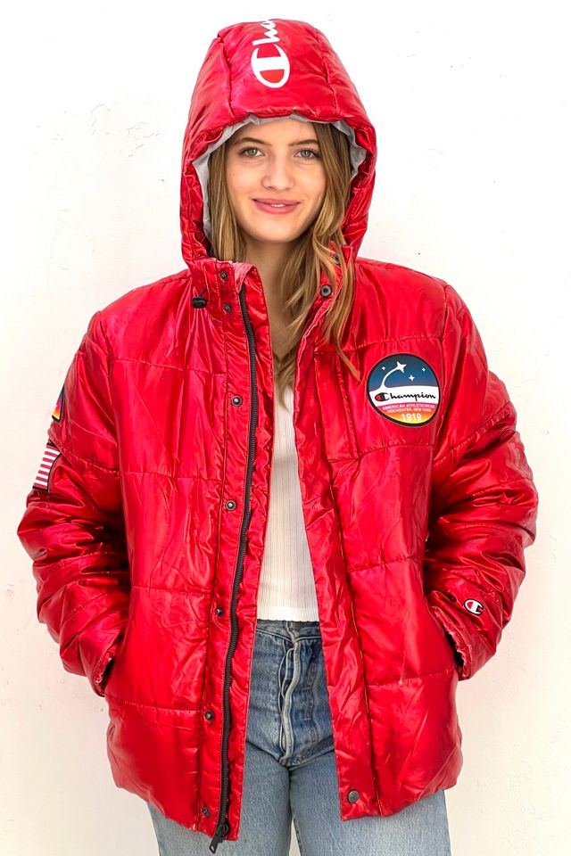 Metallic champion puffer jacket on sale red