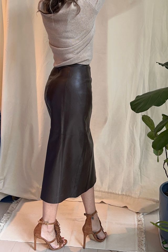 Brown Leather Midi Pencil Skirt Selected by KA.TL.AK